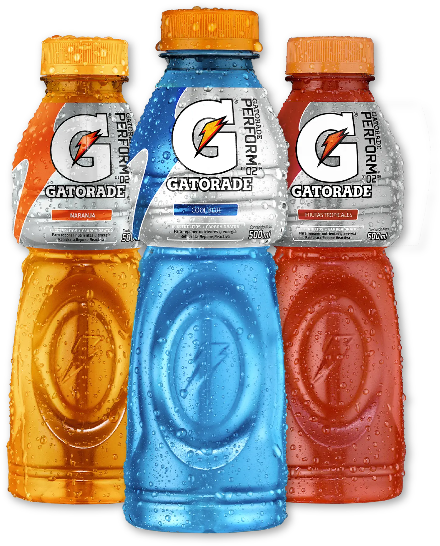 Botellas Gatorade Naranja, Cool Blue y Frutas Tropicales